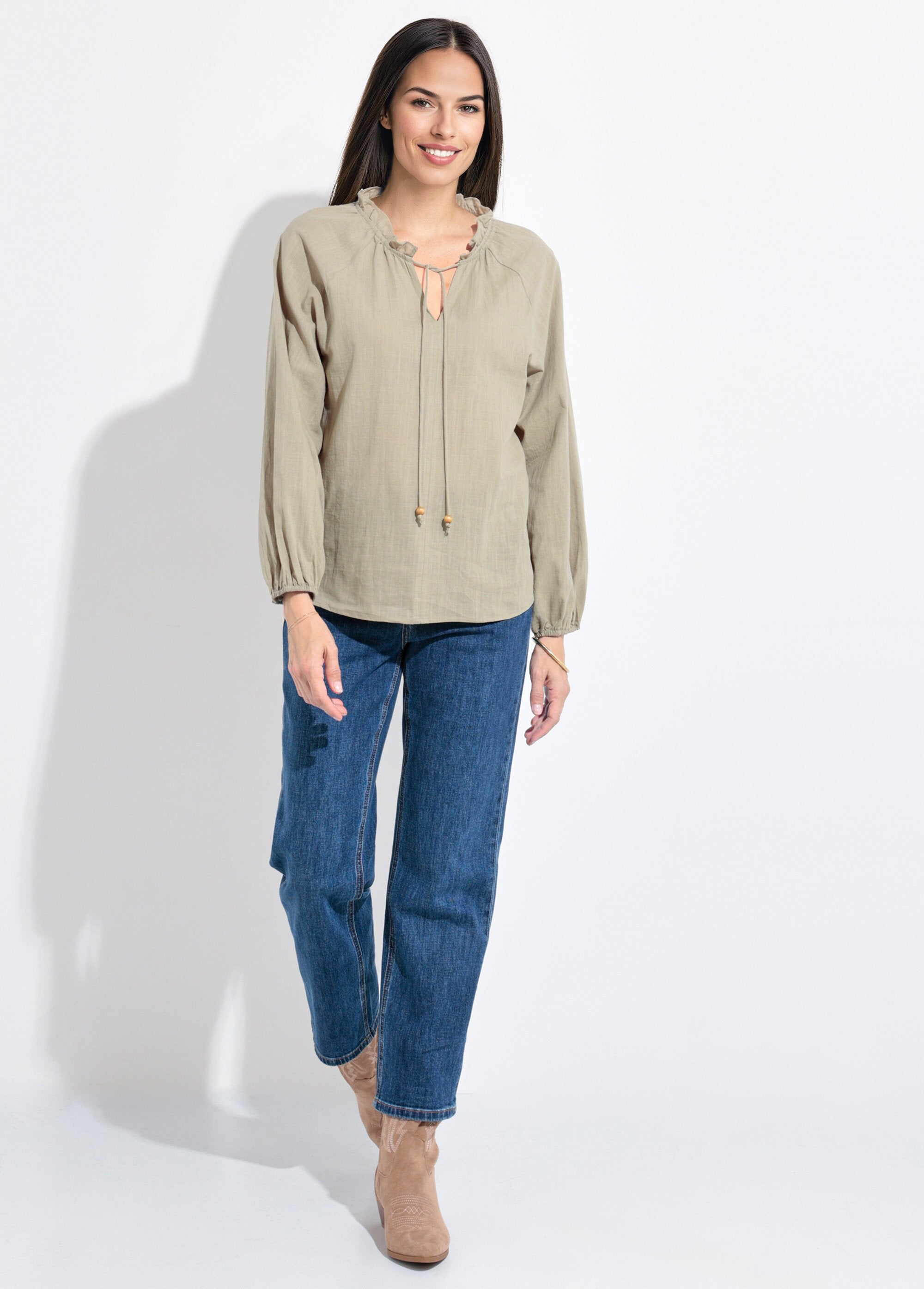 Loose-fitting_V-neck_blouse_with_a_tie_Khaki_SF1_slim
