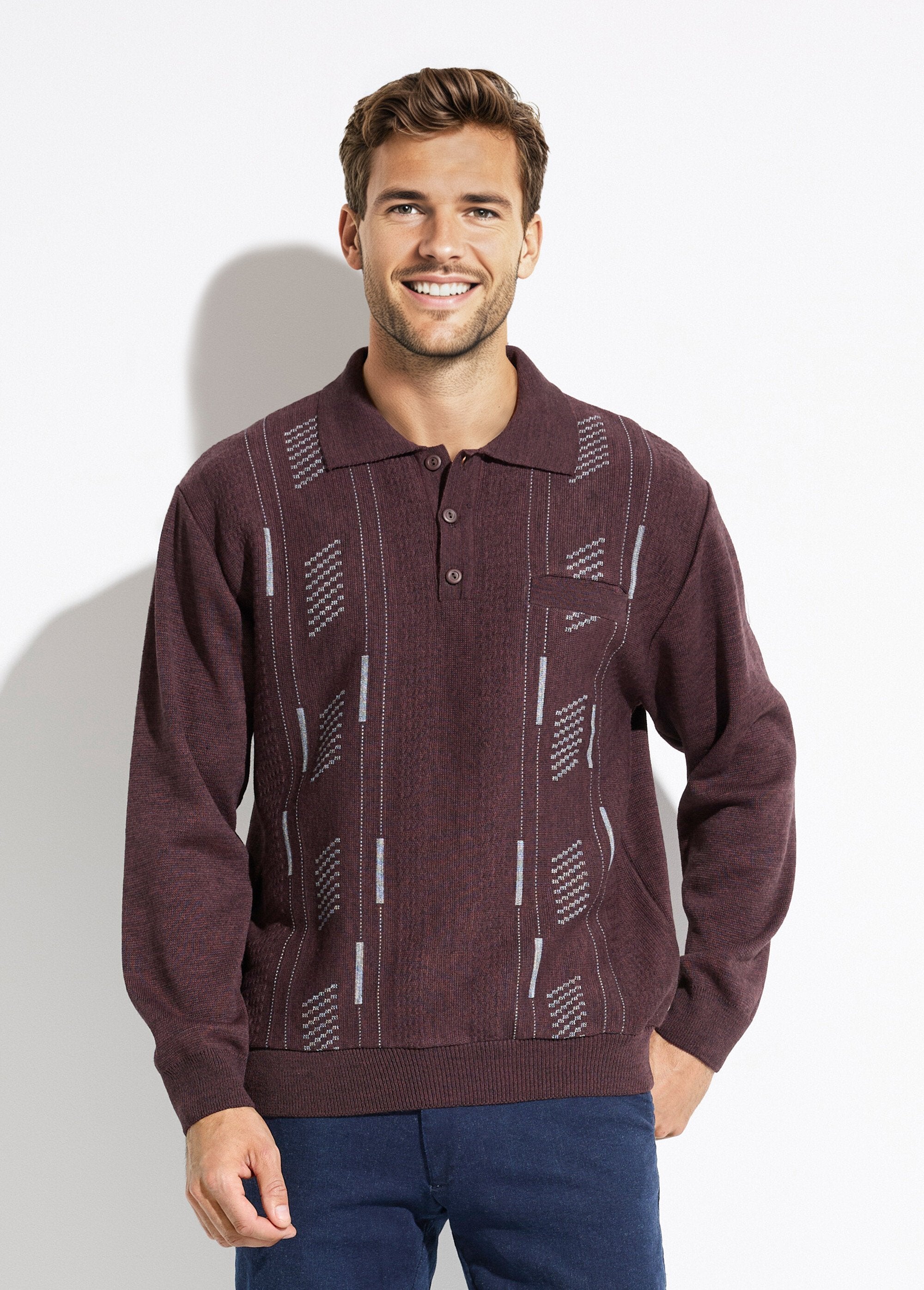 Long-sleeved_wool_jacquard_button-up_polo_neck_sweater_Bordeaux_FA1_slim
