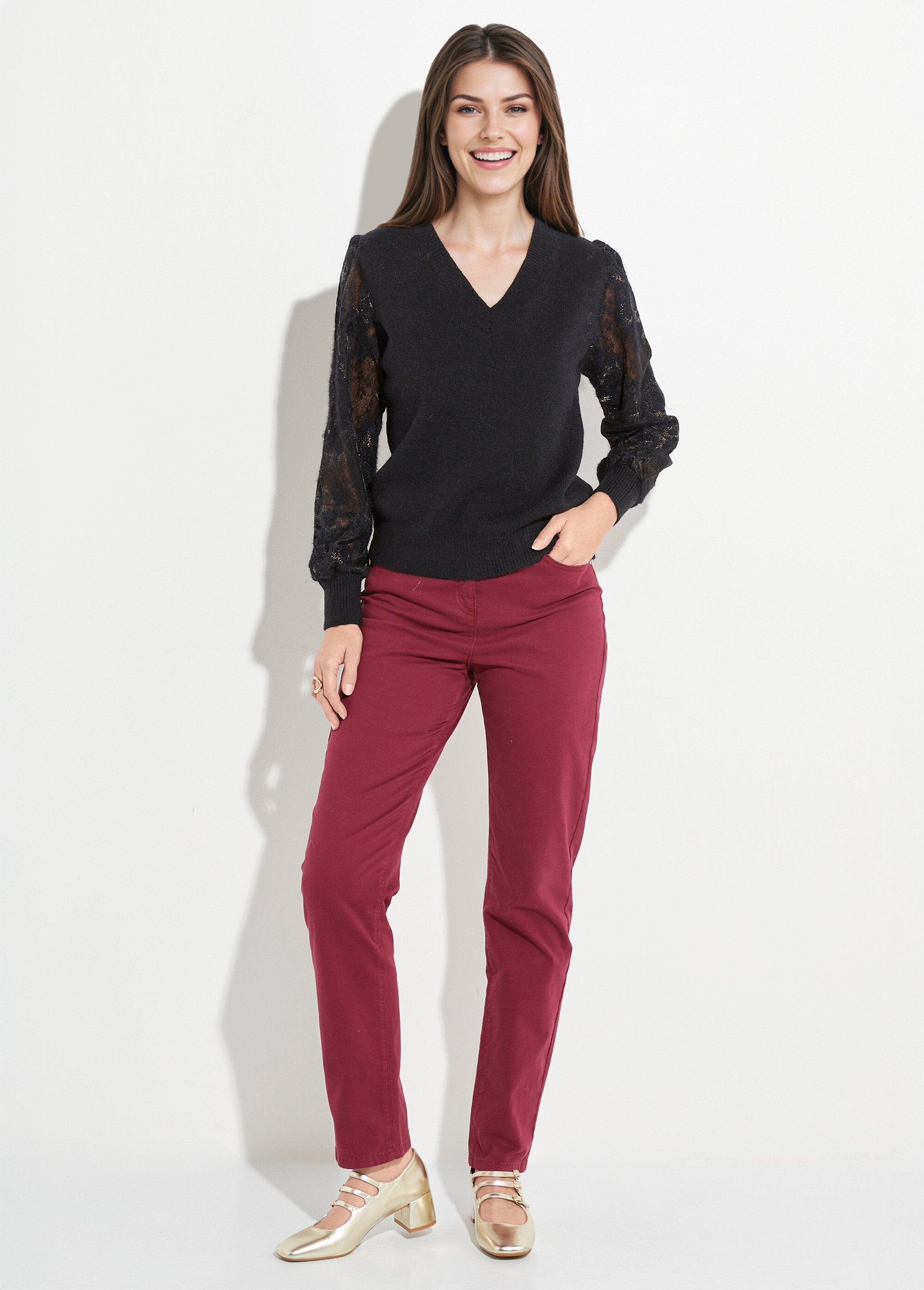V-neck_knit_sweater_with_lace_sleeves_Black_SF1_slim
