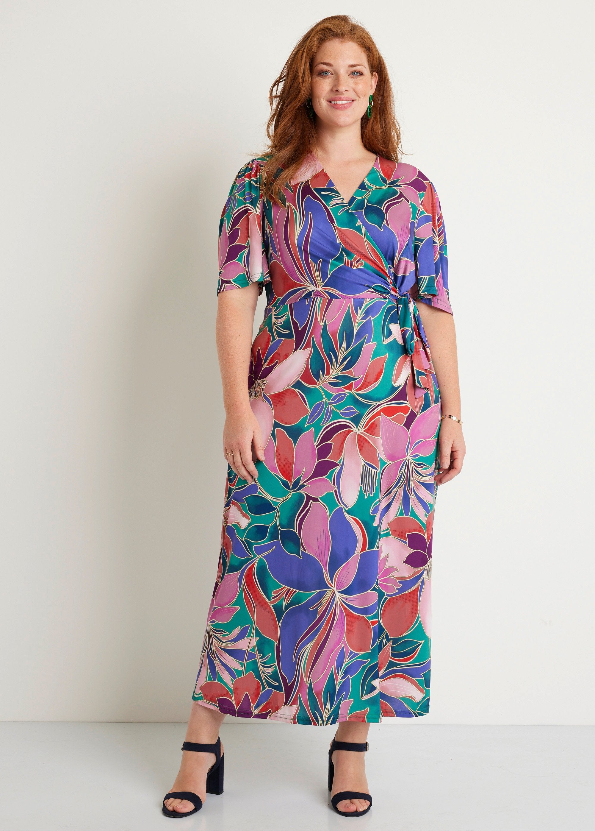 Long_floral_wrap_dress_with_short_sleeves_Pink_and_green_FA1_curvy