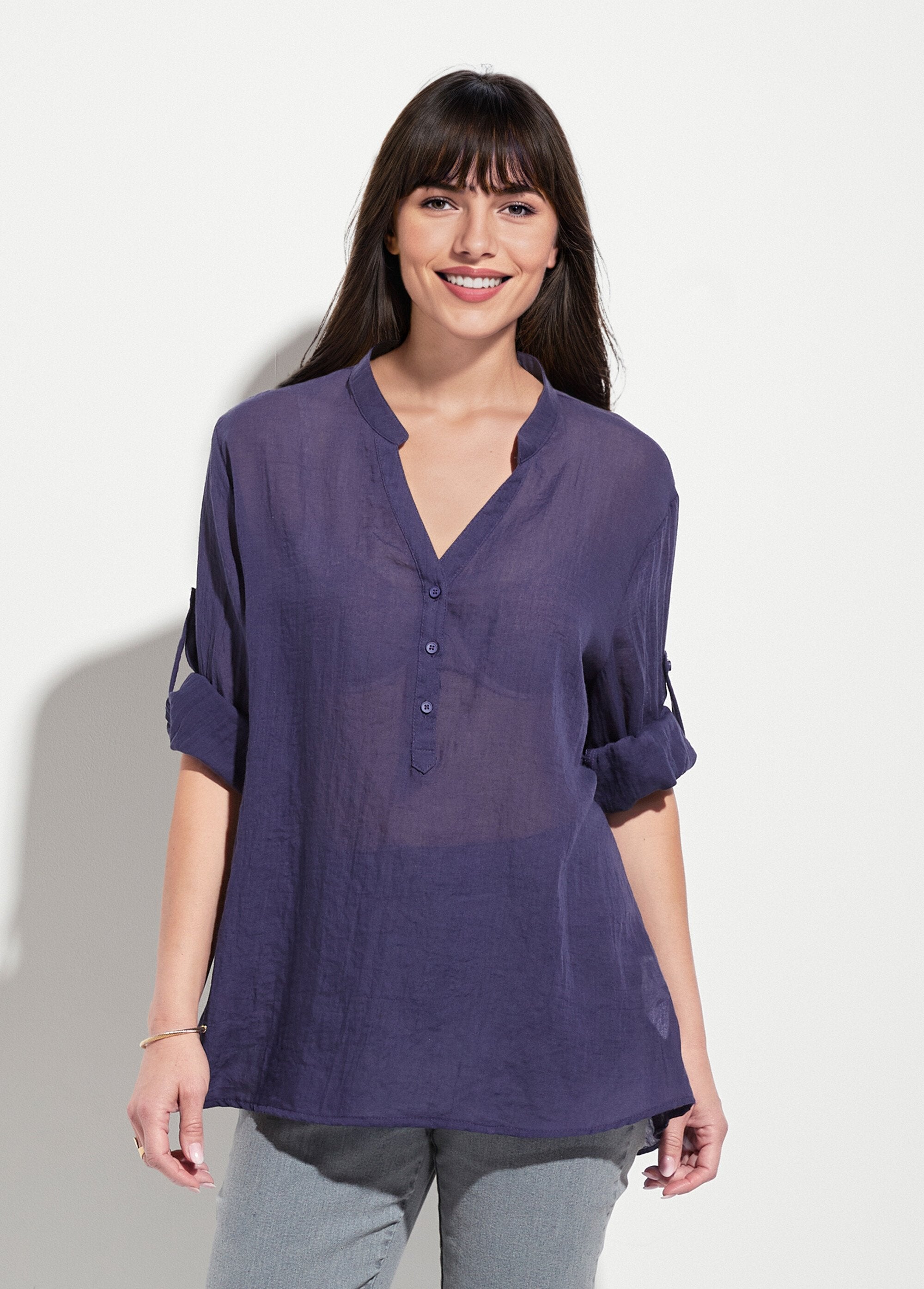 Loose-fitting_cotton_voile_Tunisian_collar_blouse_Marine_FA1_slim