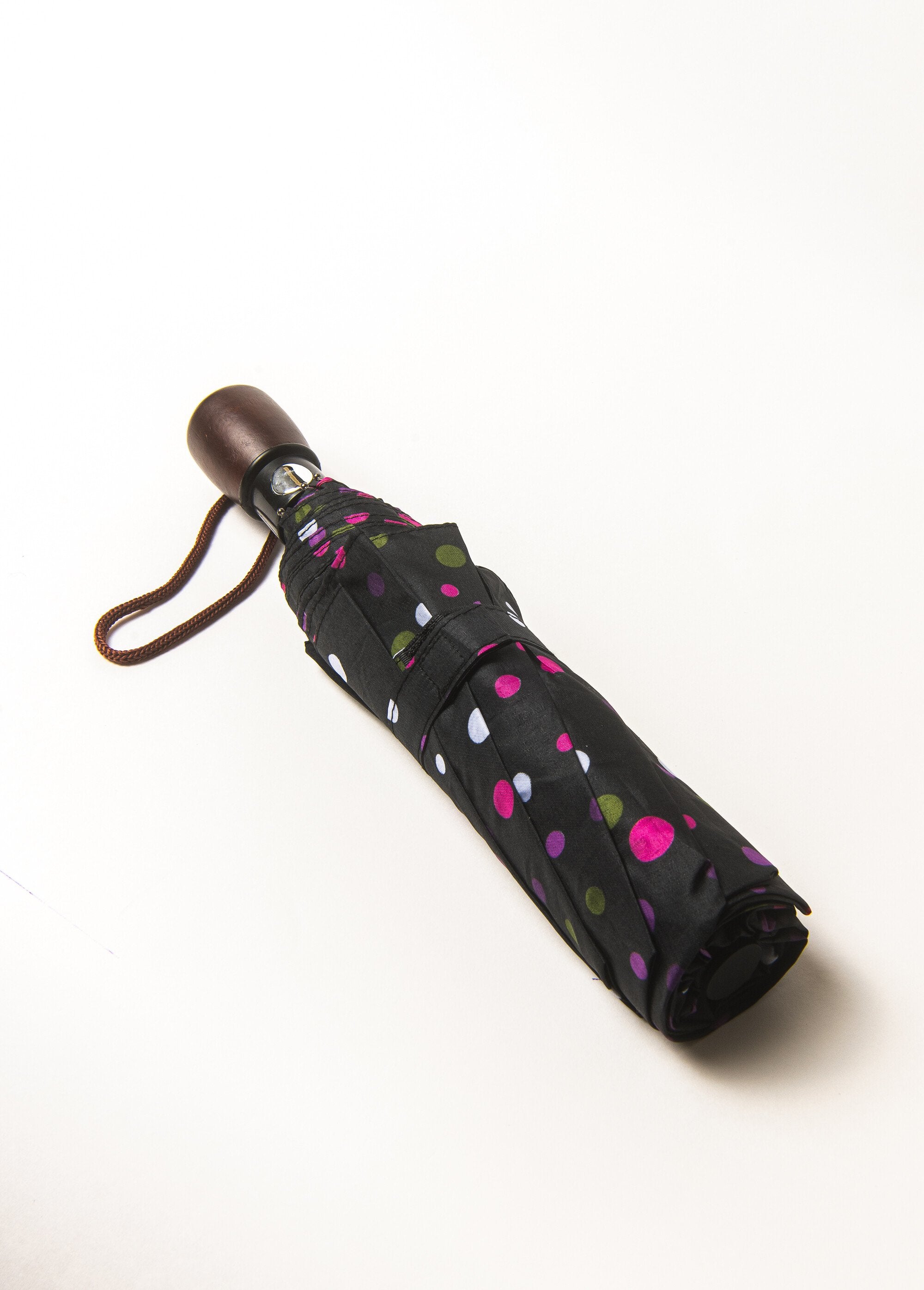 Fancy_automatic_folding_umbrella_Black_multicolor_polka_dots_FA1_slim