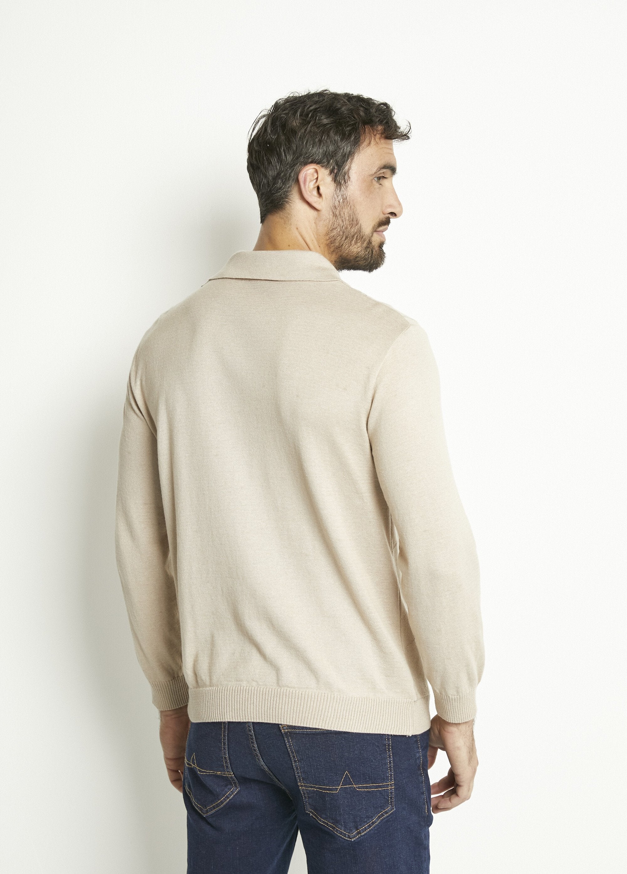 Long-sleeved_zipped_polo_shirt_in_jacquard_cotton_Beige_DO1_slim