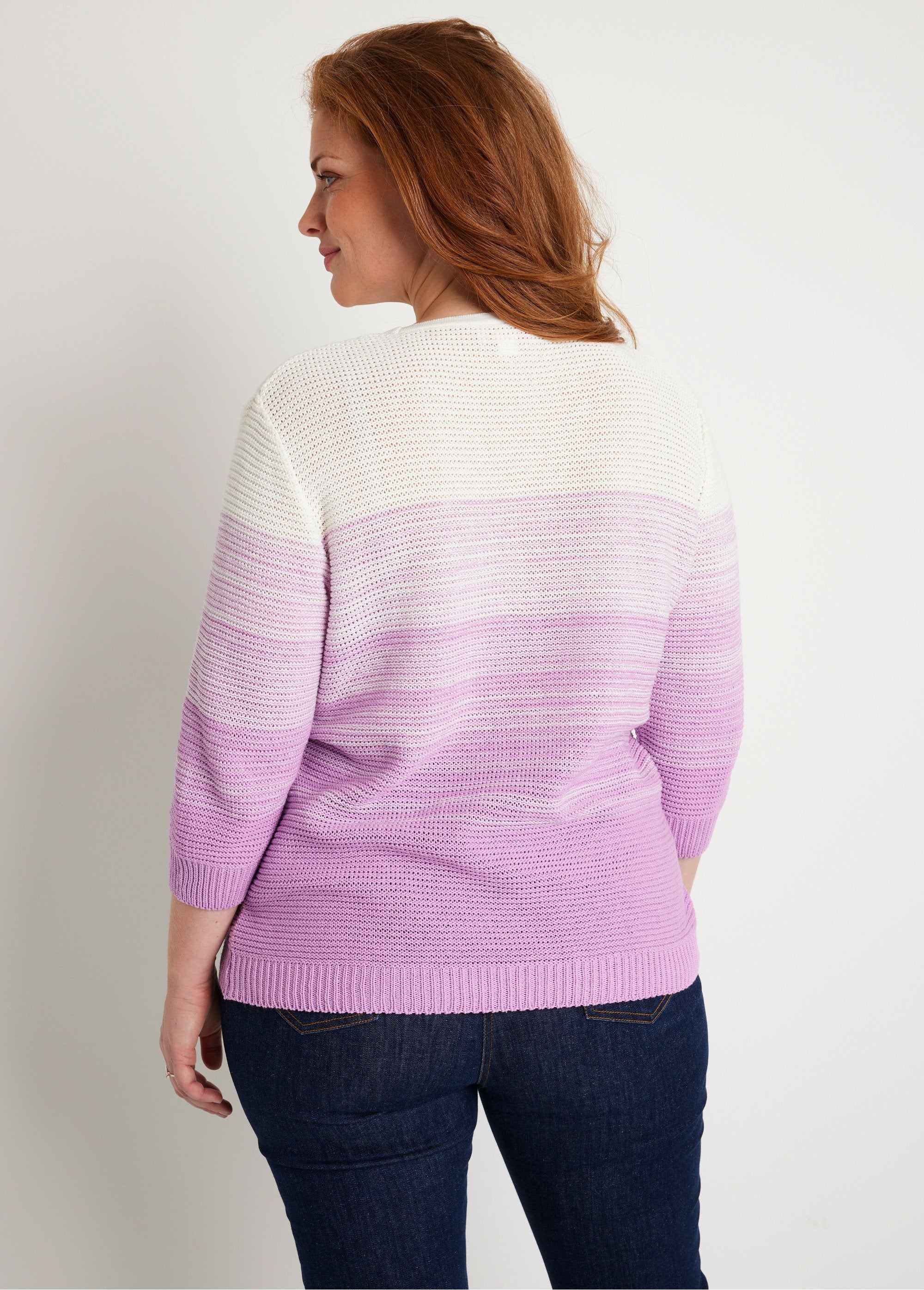 Soft_3/4_sleeve_cotton_sweater_White_and_purple_DO1_curvy