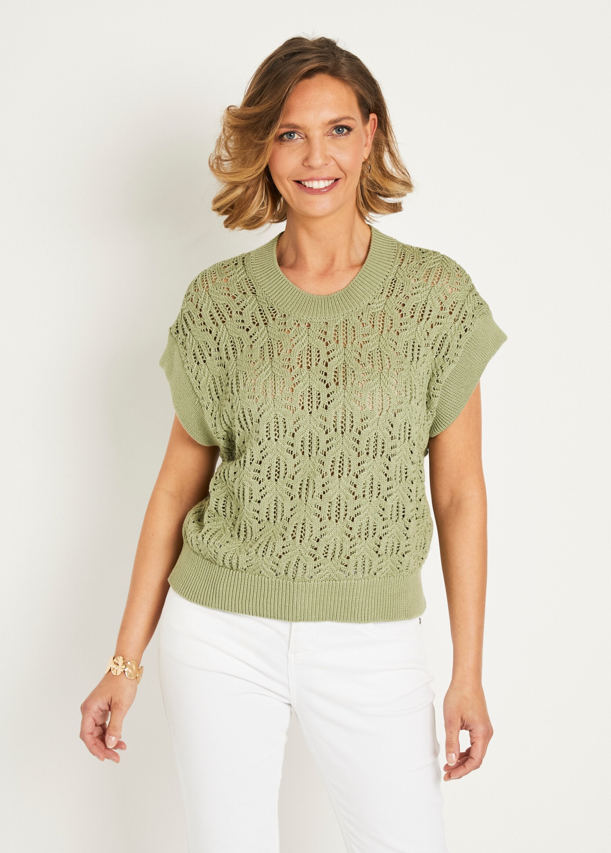 Short-sleeved_openwork_knit_sweater_Khaki_FA1_slim