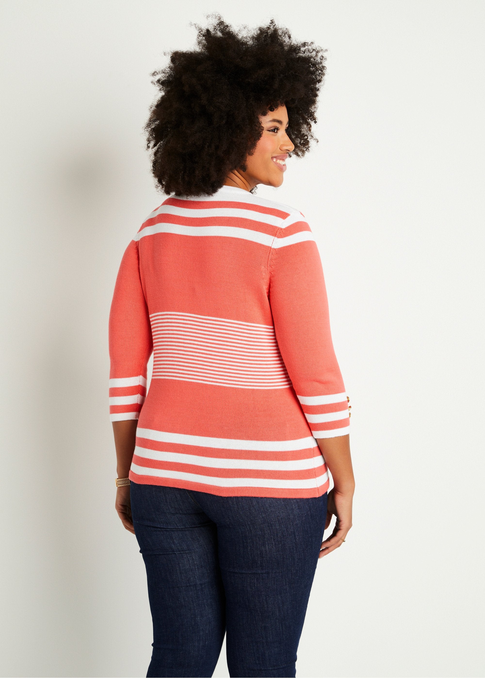 Striped_cotton_3/4_sleeve_sweater_Coral_and_white_DO1_curvy