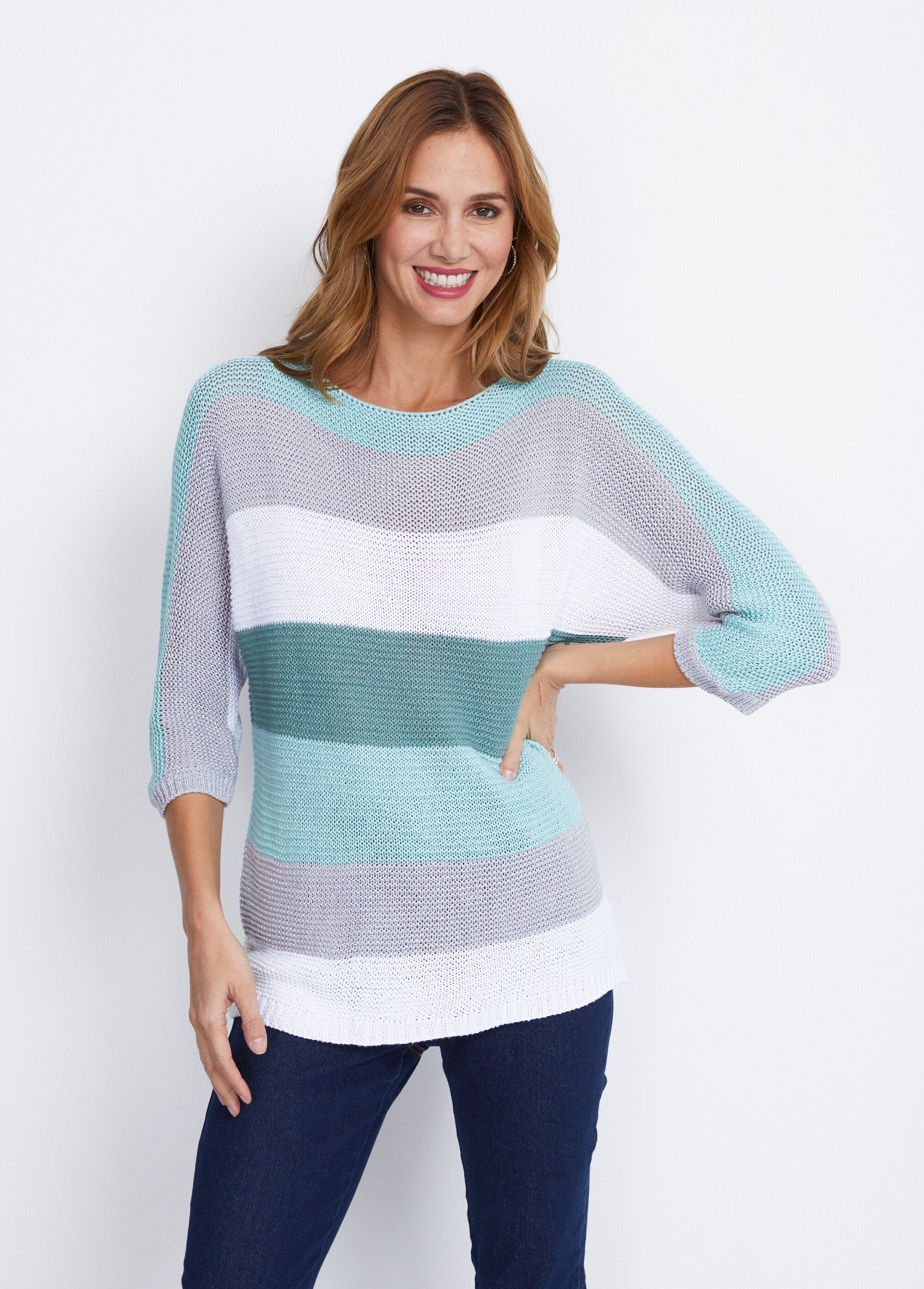 Striped_3/4_sleeve_garter_stitch_sweater_Aqua_and_grey_FA1_slim