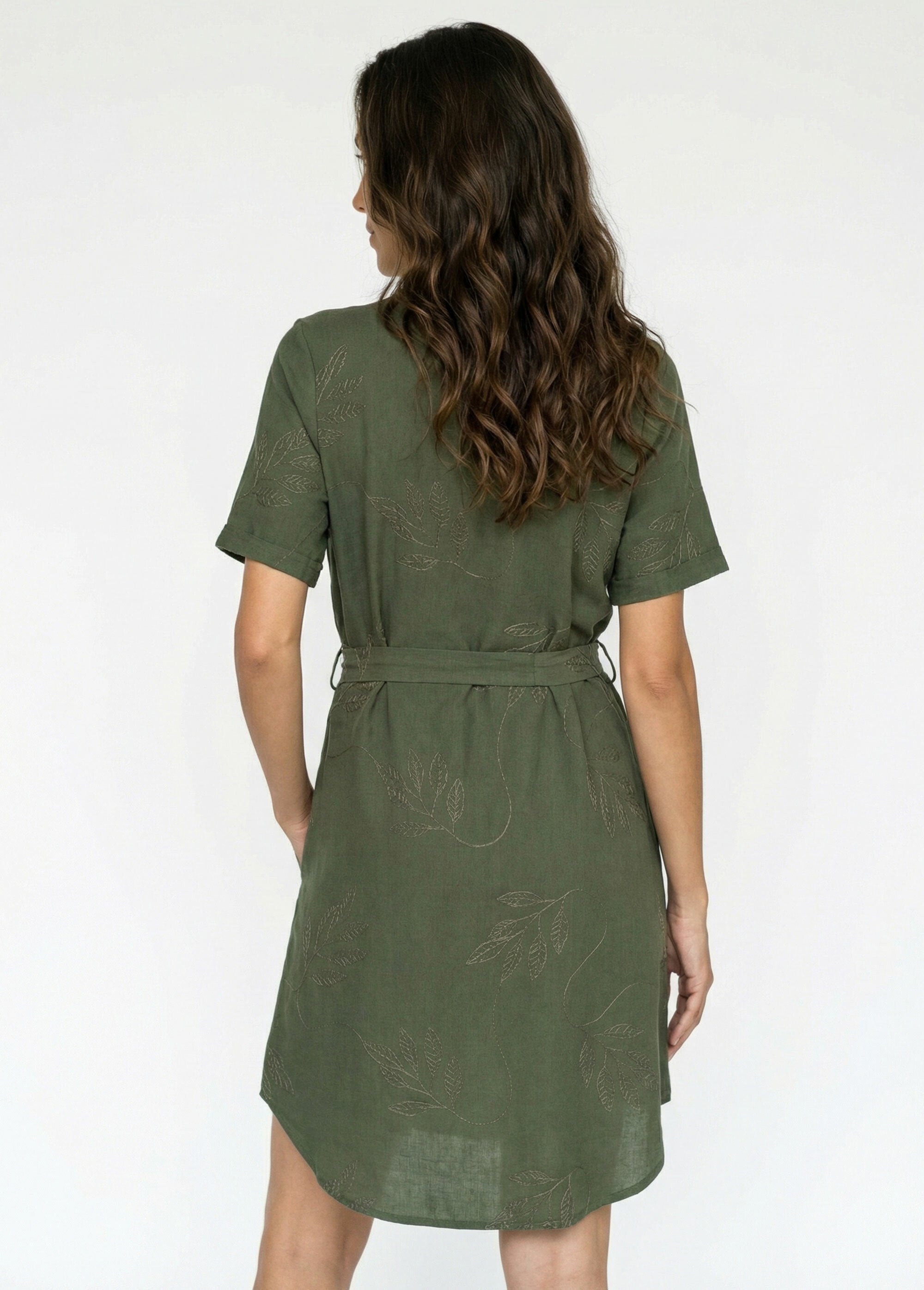V-neck_shirt_dress,_embroidered_with_foliage_Khaki_DO1_slim