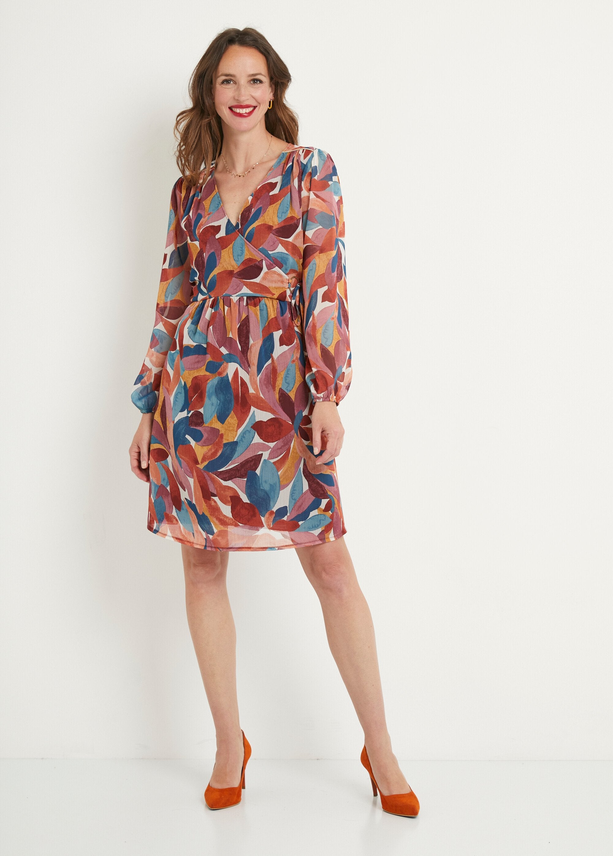 Printed_voile_wrap_dress_Orange_and_blue_FA1_slim