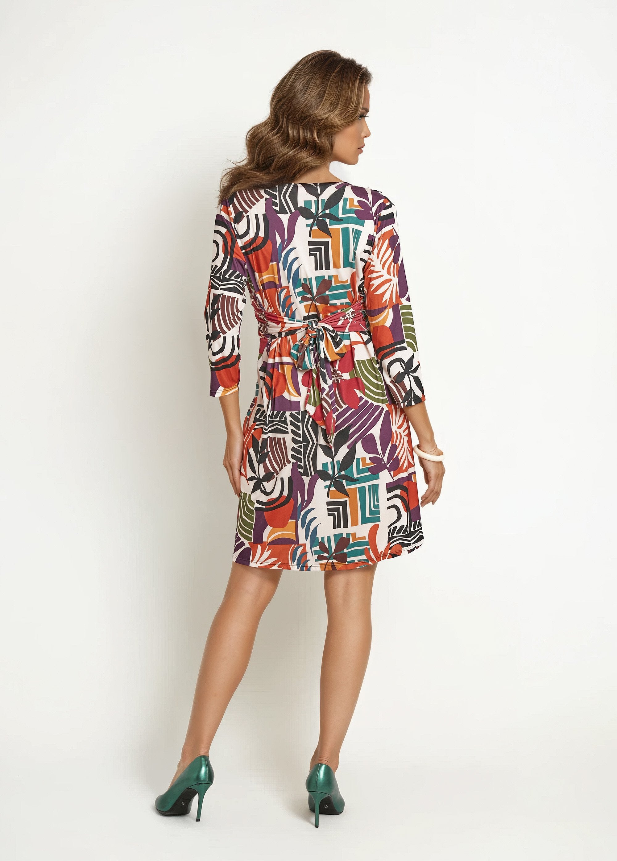 Ethnic_print_3/4_sleeve_dress_Beige_print_DO1_slim