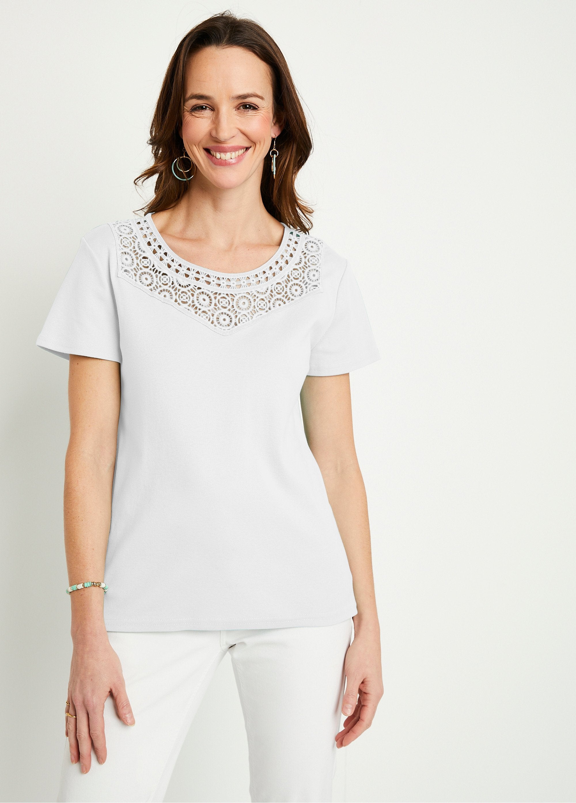 Short-sleeved_plain_cotton_macramé_t-shirt_White_FA1_slim