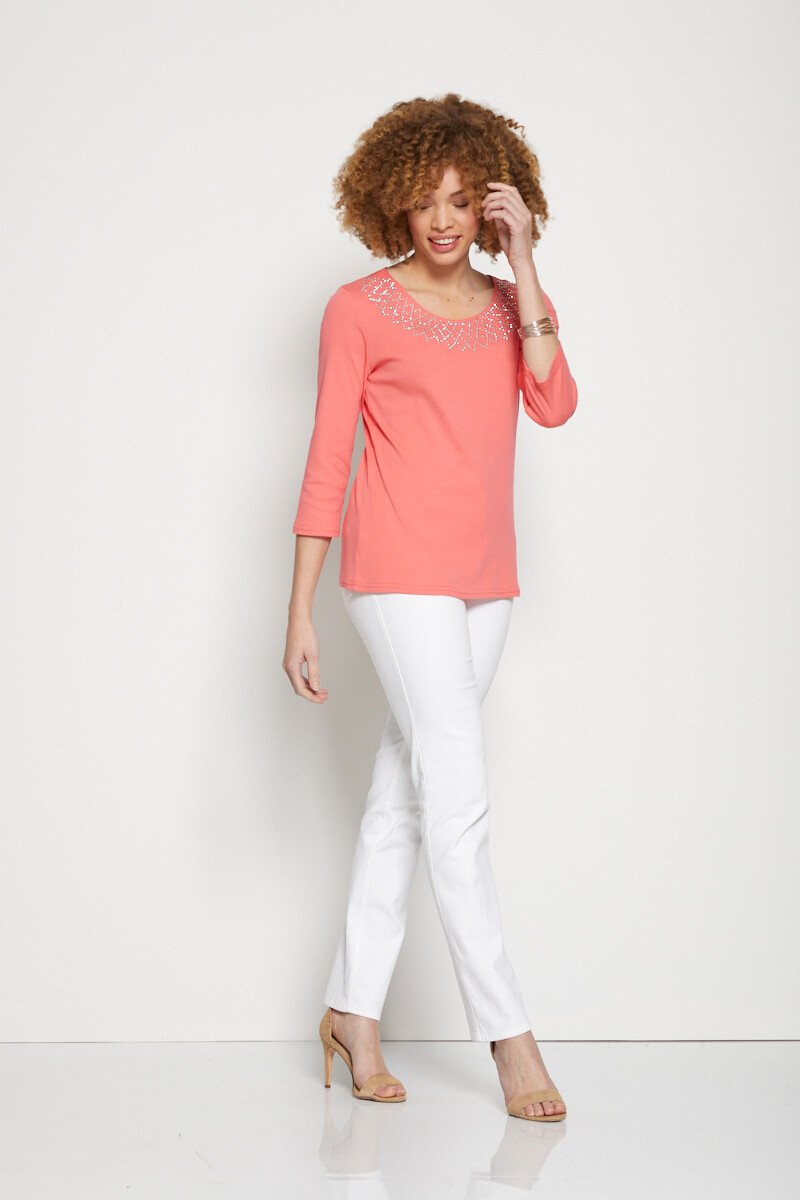 Fancy_studded_3/4_sleeve_t-shirt_Coral_SF1_slim